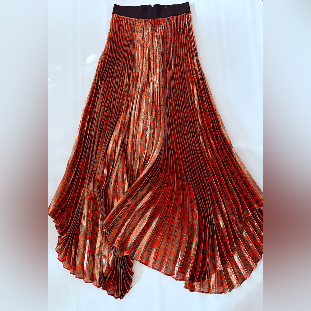 Alice + Olivia Skirt Katz Metallic Leopard Print Pleated Maxi Skirt size 0 - Picture 6 of 16